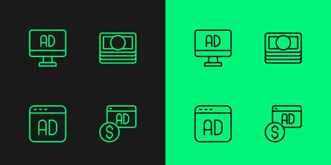 Set line Advertising, and Stacks paper money cash icon. Vector