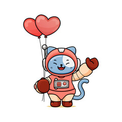 celebrating valentine's day, illustration of a cute cat wearing a spacesuit, cartoon in kawaii style, heart illustration with outlines, kitten holding two heart-shaped balloons, say hello