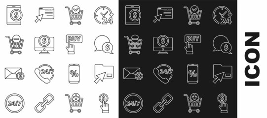 Set line Hand holding coin, Cursor click document folder, Speech bubble with dollar, Shopping cart check mark, Computer monitor, Remove shopping, Tablet and Buy button icon. Vector