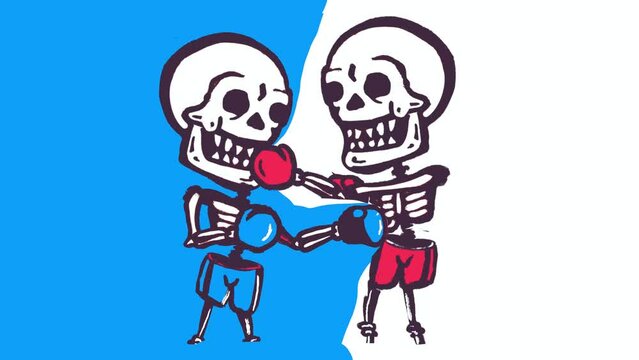 Skeletons boxing each other in a boxing match.