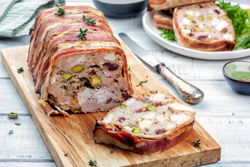 Terrine of pork with pistachios, cherries, chicken and bacon