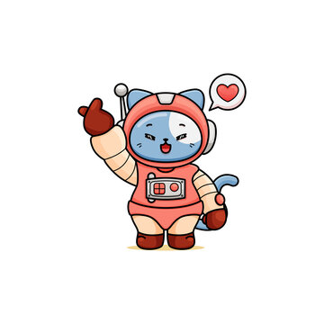 celebrating valentine's day, illustration of cute cat wearing a space suit, cartoon in kawaii style, illustration of heart with outline, kitten showing finger heart a hand, with bubble speech love