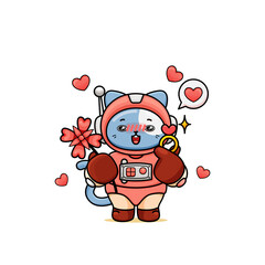 celebrating valentine's day, illustration of cute cat wearing a spacesuit, cartoon in kawaii style, heart illustration with outlines, kitten holding a flower and a ring box, with a small icon of heart