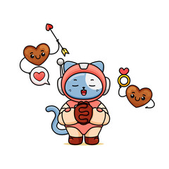 celebrating valentine's day, illustration of a cute cat wearing a spacesuit, cartoon in kawaii style, illustration of heart with outlines, kitten fold hands and praying, with two love mascot