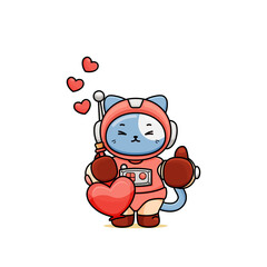 celebrating valentine's day, illustration of cute cat wearing a spacesuit, cartoon in kawaii style, heart illustration with outlines, kitten holding love potion, and showing okay gesture