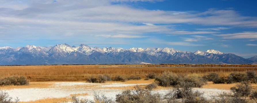 the spectacular sangre de cristo mountains  on a sunny winter day,  as seen from highway 285 in southern colorado, near moffat