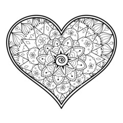 Zentangle floral heart coloring page. Black and white love pattern for antistress coloring book. Valentine’s Day mandala. Vector illustration
