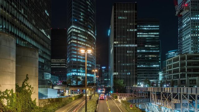 Traffic Moving to La Defense Business District at Night Paris Towers Offices