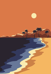 Decorative boho poster of blue sea on terracotta beach. Contemporary natural wall art with palms on orange island waterfront under sunset. Modern abstract vector scenery in flat simple style.
