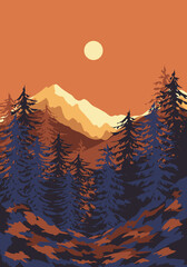 Contemporary wall decor with terracotta mountains, trees and woods. Vector scenery of sunrise above wild timberland. Natural botanic minimalist poster in trendy flat style.
