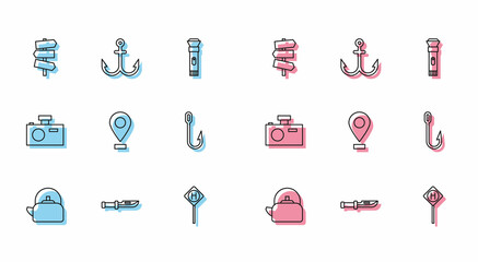 Set line Kettle with handle, Camping knife, Road traffic signpost, Parking, Location, Fishing hook, Photo camera and Anchor icon. Vector