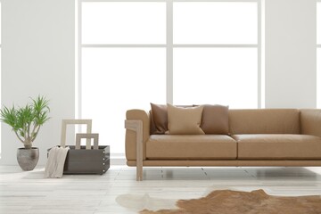 Modern living room in white color with sofa. Scandinavian interior design. 3D illustration