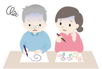 絵の苦手なおじいさんとおばあさん二人が不安そうに何か書いている、塗り絵をしているイラスト