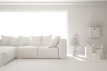 White minimalist living room with sofa. Scandinavian interior design. 3D illustration