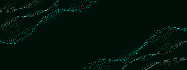 Set of abstract wavy dotted curved lines, irregular neon gradient faded green turquoise sound waves. Wide panorama dark technology background. Tech concept. Vector illustration.