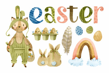 Easter cat dressed bunny, rainbow and eggs watercolor elements 