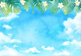 Fotobehang 青空と南国の植物の水彩イラスト背景(リゾート,夏,旅行,プルメリア,バカンス,花,ココナッツ,サマータイム) © Honyojima