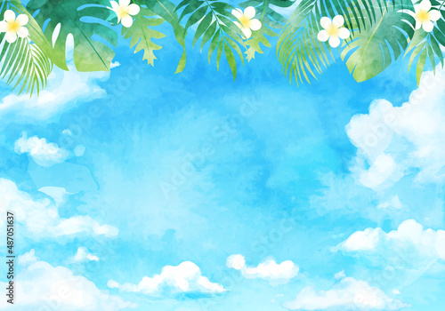 青空と南国の植物の水彩イラスト背景 リゾート 夏 旅行 プルメリア バカンス 花 ココナッツ サマータイム Background Canvas Print Backgrou Honyojima