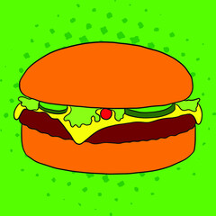 Cheeseburger pop art style illustration. Comic book style imitation. Vector. 