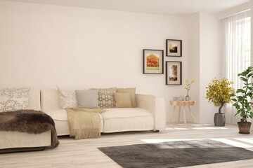 White living room with sofa. Scandinavian interior design. 3D illustration