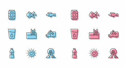 Set line Bottle of water, Sun, Soda can, Meditation, Swimming pool with ladder, Ambulance and emergency car, Glass and No meat icon. Vector