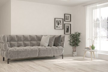 White living room with sofa. Scandinavian interior design. 3D illustration