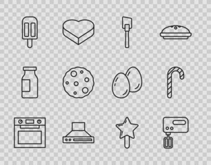 Set line Oven, Electric mixer, Spatula, Kitchen extractor fan, Ice cream, Cookie biscuit, Lollipop and Christmas candy cane icon. Vector