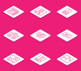 Set line Stock market news, Pie chart infographic, Mobile stock trading, Bank building, Stacks paper money cash, Buy button, Website with growth and Financial book icon. Vector