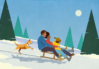 Happy family with dog sledding on snowy winter slope
