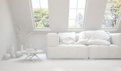 Fototapeta premium Mock up of stylish room in white color with sofa and green landscape in window. Scandinavian interior design. 3D illustration