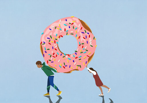Boy and girl carrying large donut with sprinkles on blue background
