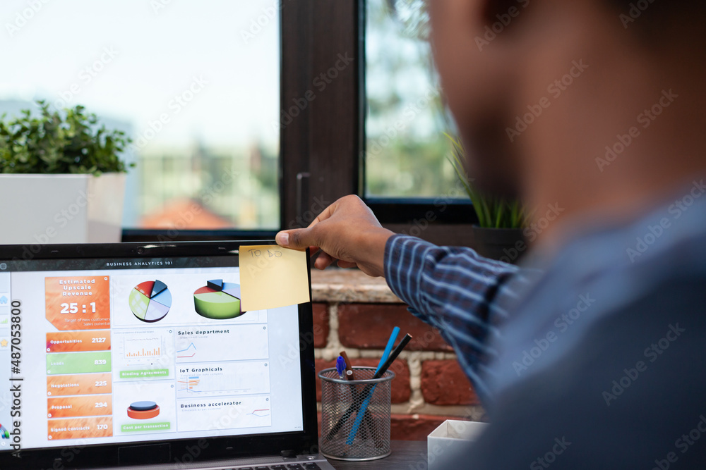 Poster selective focus on marketing specialist hand sticking to do note in corner of laptop screen with bus
