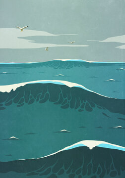 Seagulls flying over choppy, stormy ocean waves

