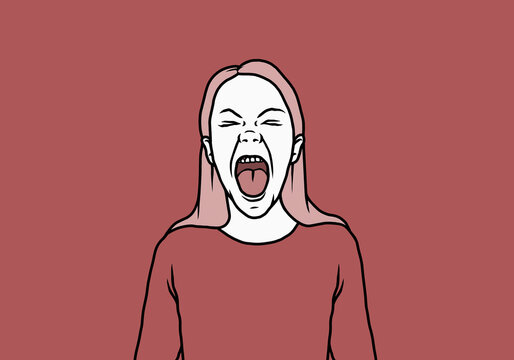 Angry woman screaming with mouth open on red background
