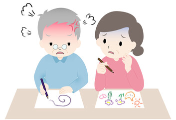 塗り絵、レクリエーション、絵、絵画、レク、アクティビティ、イベント、書類、書き物、不安、高齢者、お婆さん、老人、サイン、リハビリテーション、訪問リハビリテーション、医療、回復期、回復期リハビリテーション、回復期リハ、地域リハ、お手伝い、援助、患者さん、終活、文字を書く、女性、イラスト、ベクター、困る、悲しい、絶望、考える、悩み、加齢、気持ち、心、高齢期リハビリ、高齢期リハビリテーション、介護老人保