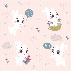Fototapeta premium Vector seamless pattern with cute little white bunnies isolated. Nursery design, flat simple cartoon style. For banners, children cards, packaging papers, prints etc.