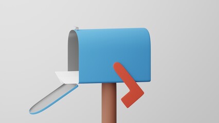 Minimalism An open mailbox with a lowered flag with letters inside, mail symbol. Isolated on white background. 3d rendering