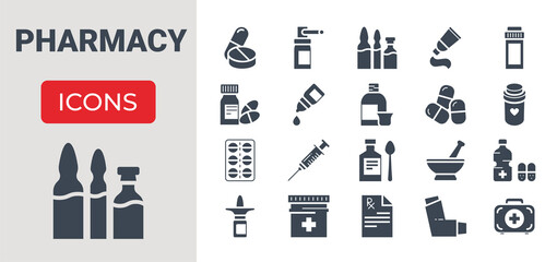 Drugs Related Vector Glyph Icons set. Drugs signs. Contains such Icons as Pills, Spray, Syringe, First Aid, Gel, Recipe, Syrup, Pills Tube, Tooth Paste, Capsule, Vitamin, Inhaler, Eye Drops