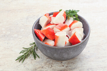 Crab meat surimi in the bowl