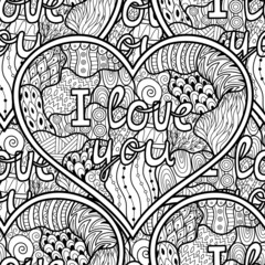 Fototapeta premium I Love You black and white seamless pattern for coloring book. Heart mandala outline background. Doodle coloring page for adults and kids. Vector illustration