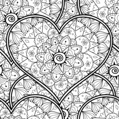 Floral heart mandala black and white seamless pattern for coloring book. Love doodle background. Creative coloring page for adults and kids. Vector illustration