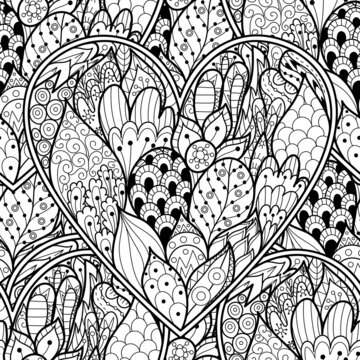 Floral doodle black and white seamless pattern for coloring book. Love mandala outline background. Creative coloring page for adults and kids. Vector illustration