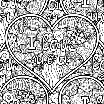 I Love You black and white seamless pattern for coloring book. Heart mandala outline background. Doodle coloring page for adults and kids. Vector illustration