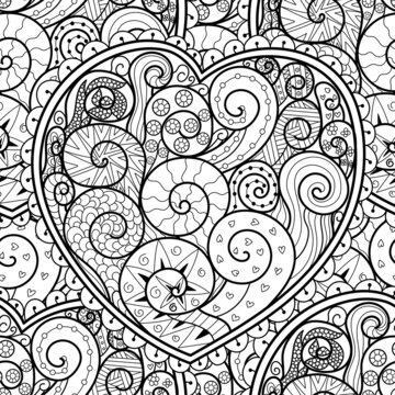 Wavy heart doodle black and white seamless pattern for coloring book. Love mandala outline background. Creative coloring page for adults and kids. Vector illustration