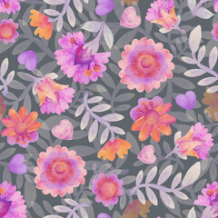 Seamless pattern. Floral ornament on a gray background. Background for printing on fabric, paper. Scrapbooking, postcard, packaging, wrapper.