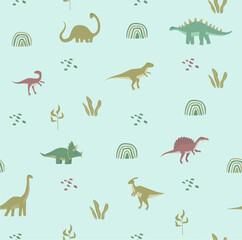 Print. Vector seamless background with dinosaurs. Jurassic Park. Children's pattern. Tyrannosaurus, Brachiosaurus, Pterodactyl, Diplodocus, Triceptors. Set of cartoon dinosaurs. Can print on fabric
