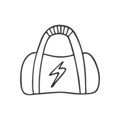 Single, hand drawn gym bag. In doodle style, black outline isolated on white background. Cute element for card, social media banner, sticker, print, decoration kids playroom. Vector illustration