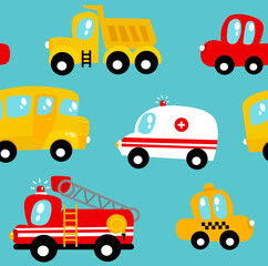 Print. Vector seamless background with transport. Pattern with cartoon cars. Children's pattern. Taxi, fire truck, ambulance, truck, bus.