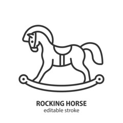 Rocking horse line icon. Children's retro toy sign. Editable stroke.