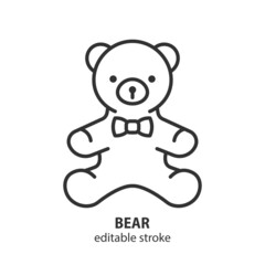Teddy bear line icon. Sitting plush toy with bow vector symbol. Editable stroke.